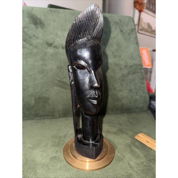 African Woman Tribal Head Vintage Statue  Carved Wood Figurine On Brass Handmade - Picture 1 of 7